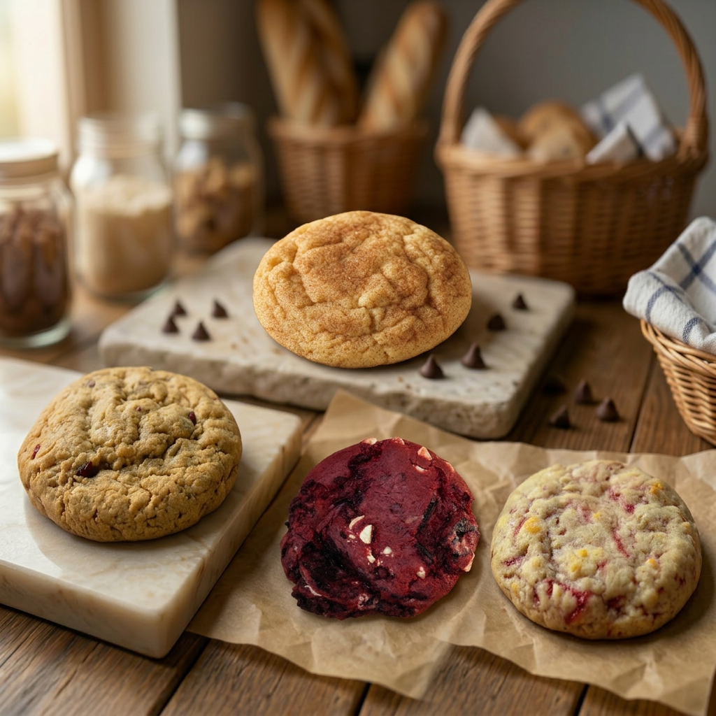 Thick gourmet chocolate chunk cookies stacked on a warm stone surface